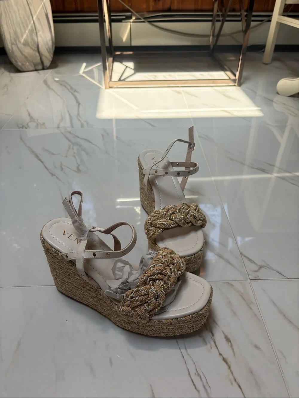 VENUS Cream Braided Espadrille Wedge Sandals